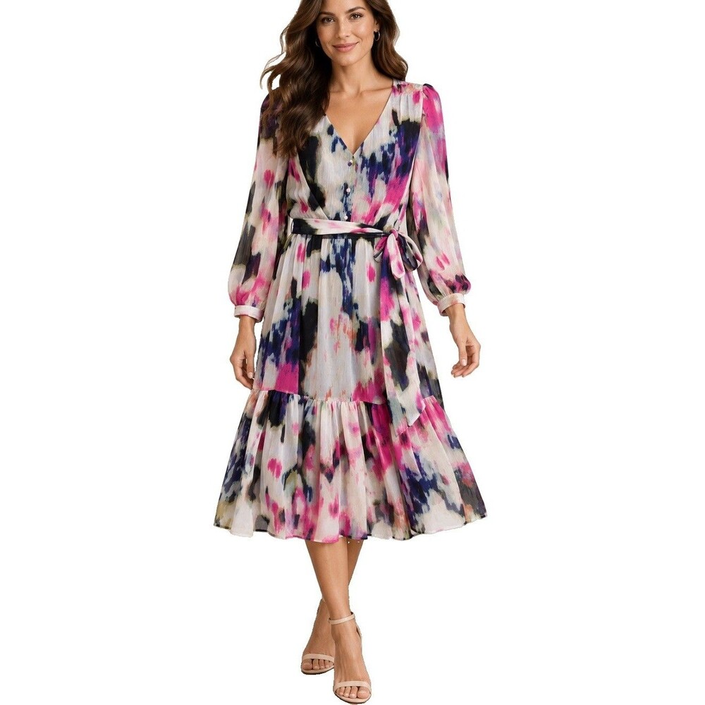 DKNY Chiffon V-Neck Long Sleeve Midi Dress Print Tiered Belt Lined Size 8